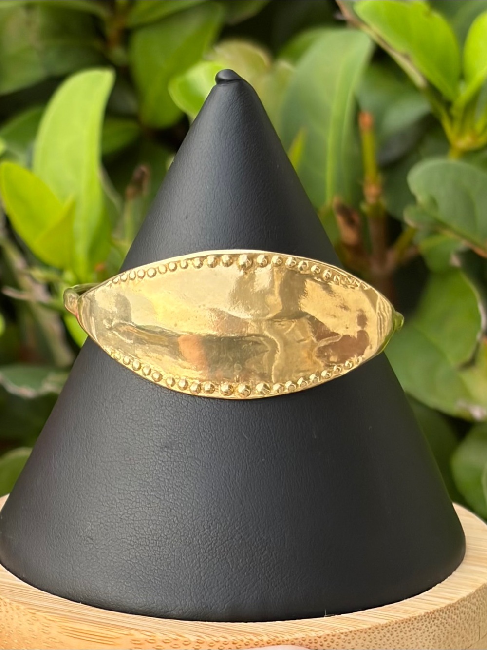 Vintage Brass Hammered Marquise Open Cuff Bracelet with Beaded Edge